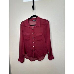 About A Girl Womens Maroon Blouse‎ L Sheer Button-Up Long Sleeve 100% Polyester